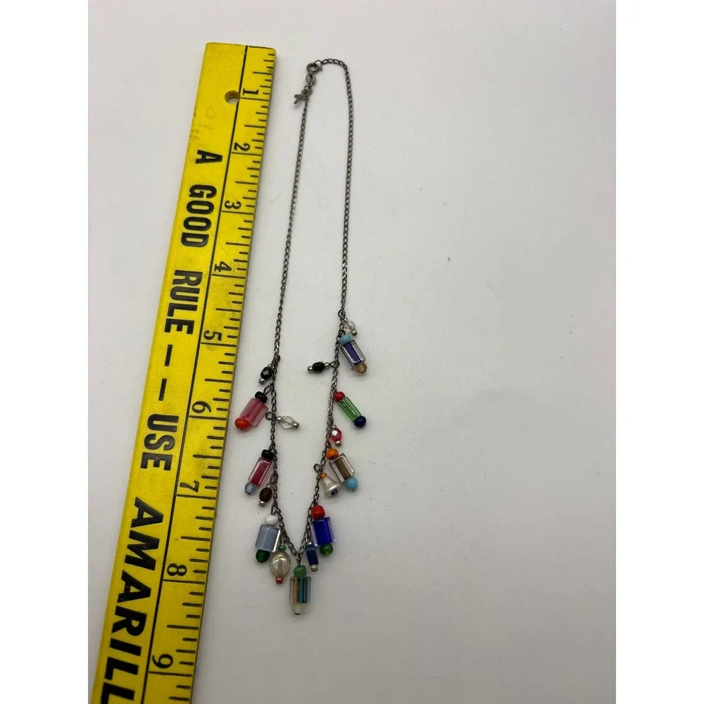 Vintage Style‎ Multi Color Glass Bead Charm Necklace Silver Tone Cross